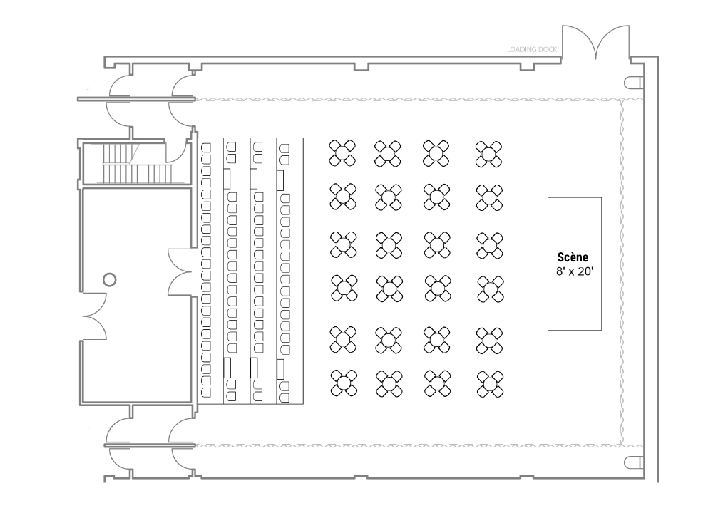 Plan de salle du théâtre Richcraft montrant la configuration des sièges de cabaret. 172 places sont possibles dans cette configuration.