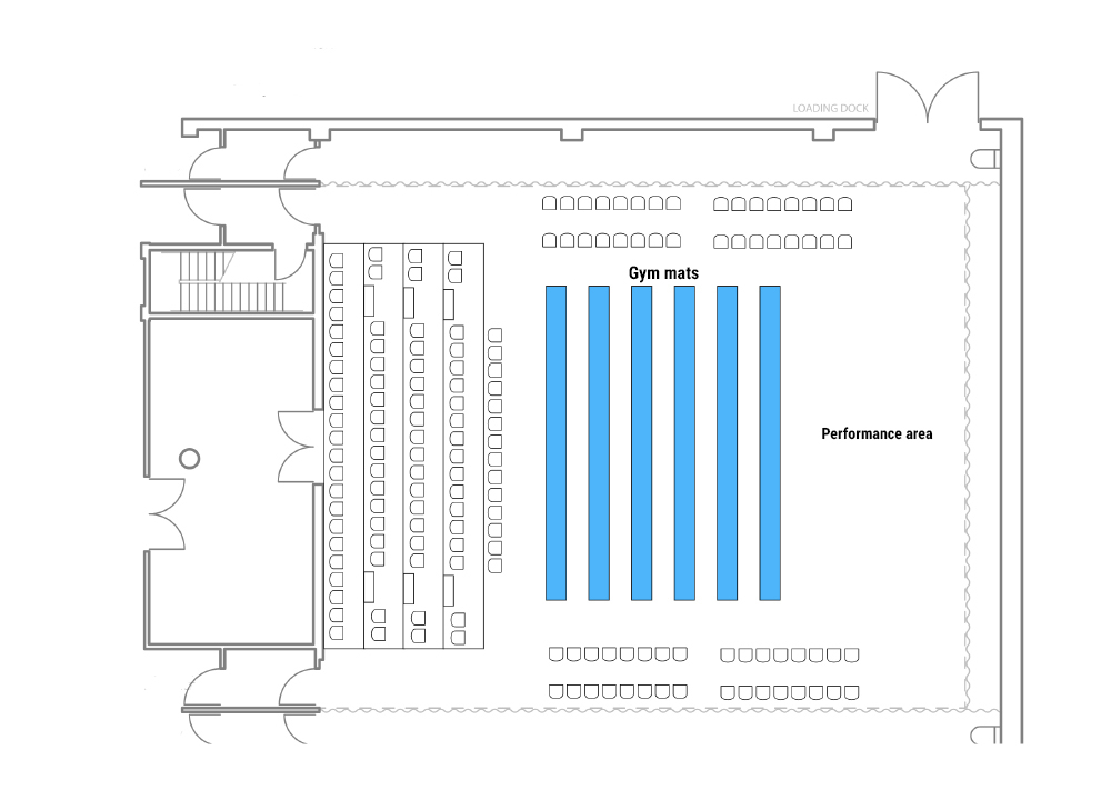 Richcraft Theatre seating plan showing the children performance set up. This includes gym mats and chairs. Up to 96 spaces are avilable on the mats in addition to 154 chairs for seating in this configuration.